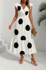 Kadın Kısa Kollu Kruvaze Yakalı Beli Lastikli Desenli Maksi Boy örme Krep Elbise