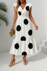 Kadın Kısa Kollu Kruvaze Yakalı Beli Lastikli Desenli Maksi Boy örme Krep Elbise