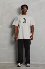 Unisex Oversize Baskılı Bisiklet Yaka T-Shirt - Gri