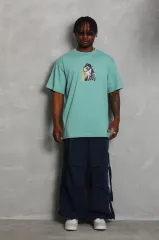 Unisex Oversize Baskılı Bisiklet Yaka T-Shirt - Mint Yeşili