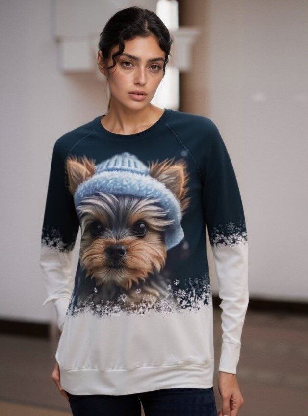 Kadın Uzun Kollu Bisiklet Yaka Köpek Baskılı şardonlu Dalgıç Bluz