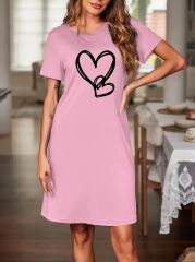 Kadın Kısa Kollu Bisiklet Yaka Kalp Desenli Viskon Elbise