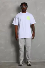 Unisex Oversize Baskılı Bisiklet Yaka T-Shirt - Beyaz