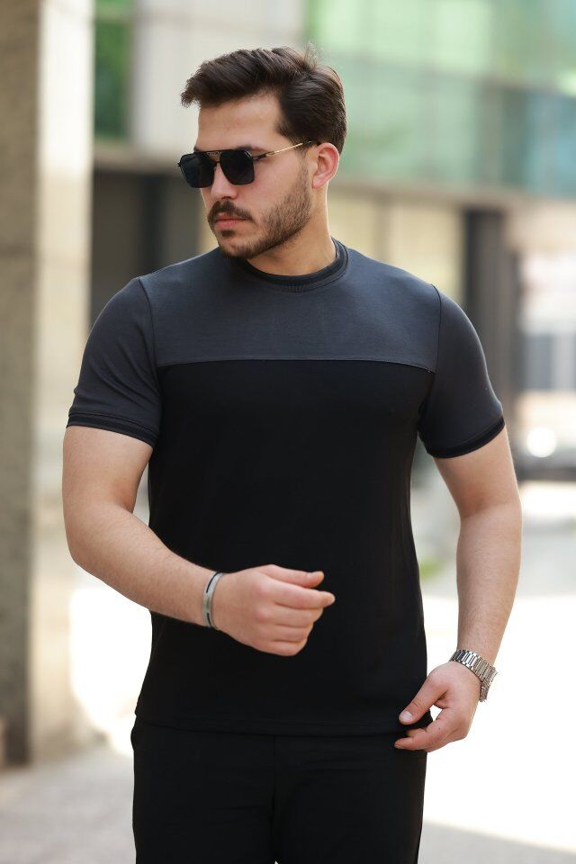 Erkek Bisiklet Yaka Parçalı Renkkısa Kollu Tshirt
