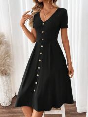 Kadın Kısa Kollu V Yakalı önden Düğmeli A Kesim Dokuma Elbise