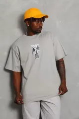 Unisex Oversize Baskılı Bisiklet Yaka T-Shirt - Gri
