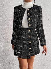 Kadın Uzun Kollu önü Düğmeli şanel Ceket Ve Etek Takım