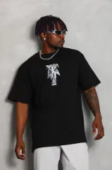 Unisex Oversize Baskılı Bisiklet Yaka T-Shirt - Siyah