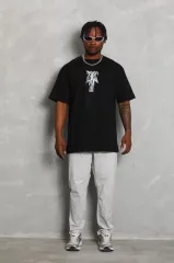 Unisex Oversize Baskılı Bisiklet Yaka T-Shirt - Siyah