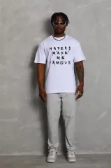 Unisex Oversize Baskılı Bisiklet Yaka T-Shirt - Beyaz