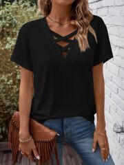 Kadın Kısa Kollu önden çapraz Detay V Yakalı Viskon Bluz