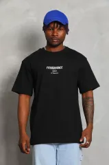 Unisex Oversize Baskılı Bisiklet Yaka T-Shirt - Siyah