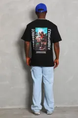 Unisex Oversize Baskılı Bisiklet Yaka T-Shirt - Siyah