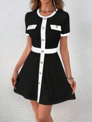 Kadın Kısa Kollu Bisiklet Yaka önden Düğmeli Modal Elbise