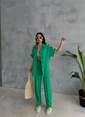 OMUZ MİDYE SIRALI BLUZ - PAÇA PENSLİ PANTOLON TAKIM - Yeşil