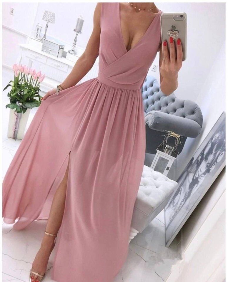 Kadın şifon Kumaş V Yaka Sıfır Kol Maxi Boy Elbise