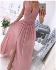 Kadın şifon Kumaş V Yaka Sıfır Kol Maxi Boy Elbise