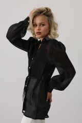 Belden Bağlamalı Uzun Kol Gömlek - Siyah