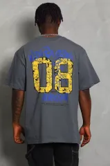 Unisex Oversize Baskılı Bisiklet Yaka T-Shirt - Füme