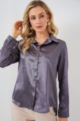 3964 Hafif Dökümlü Saten Gömlek - Antrasit