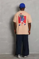 Unisex Oversize Baskılı Bisiklet Yaka T-Shirt - Bej