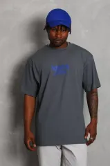 Unisex Oversize Baskılı Bisiklet Yaka T-Shirt - Füme