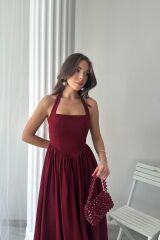 Bordo Boyundan Bağlamalı Keten Elbise