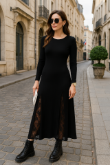 Kadın Uzun Kollu Bisiklet Yaka Sırt Dekolteli Dantel Yırtmaçlı Uzun Krep Elbise