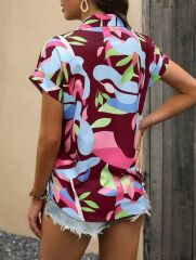 Kadın Moss Krep Kumaş Kısa Kol Çiçek Desenli Gömlek