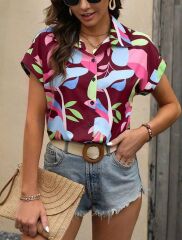 Kadın Moss Krep Kumaş Kısa Kol Çiçek Desenli Gömlek