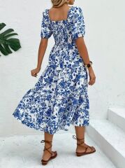 Kadın Kısa Kollu Kare Yakalı Lastikli Desenli Süprem Elbise