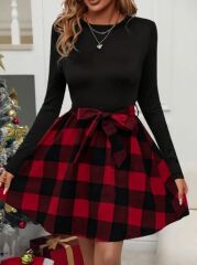 Kadın Uzun Kollu Bisiklet Yaka üst Viskon Alt Ekose Kısa Elbise