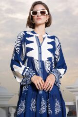 2423 Otantik Desenli Tesettür Elbise - M. Lacivert