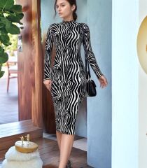 Kadın Zebra Desen Süet Kumaş Fırsat ürün Midi Boy Elbise