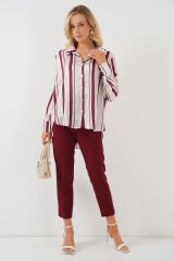 Çizgili Uzun Saten Gömlek 20291 - Bordo