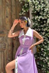 Lila Geniş Yakalı Halter Kollu Elbise