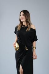 Kadın Kısa Kollu Tek Omuzdan Açık Beli Lastikli Sandy Maxi Elbise