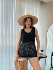 Kadın Askılı Yuvarlak Yaka Geometrik Desenli Triko Bluz