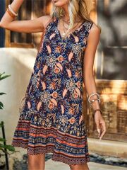 Kadın Askılı V Yakalı Fırfırlı Desenli Süprem Kısa Elbise