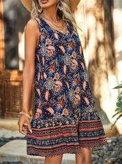 Kadın Askılı V Yakalı Fırfırlı Desenli Süprem Kısa Elbise