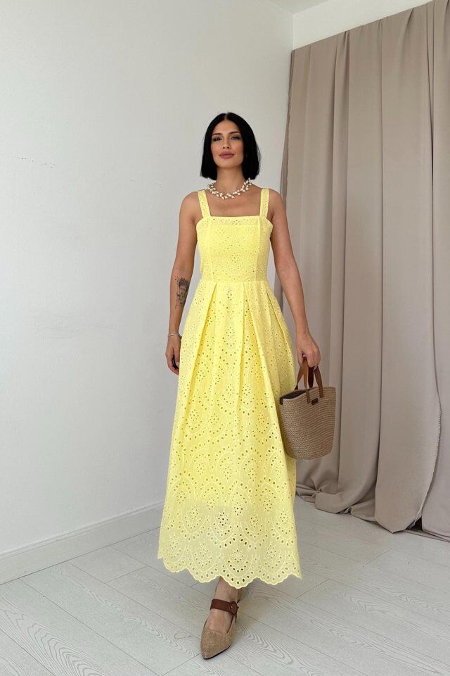 Sarı Askılı Aparatlı Brode Elbise