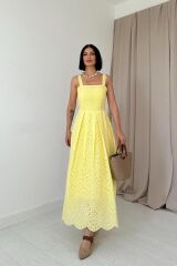 Sarı Askılı Aparatlı Brode Elbise