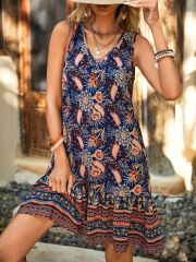 Kadın Askılı V Yakalı Fırfırlı Desenli Süprem Kısa Elbise