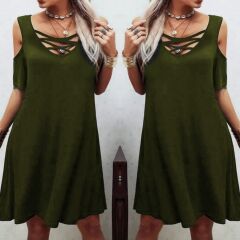 Dekolteli Bağcık Detay Viskon Kumaş Elbise