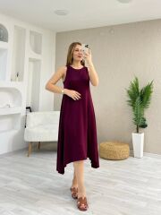 Kadın Askılı Yuvarlak Yakalı Asimetrik Kesim Detaylı Viskon Elbise