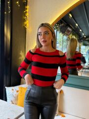 Kadın Uzun Kollu Bisiklet Yaka Omuzları Açık Triko Bluz