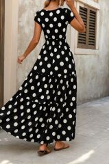 Kadın Kısa Kollu Kruvaze Yaka Beli Lastikli Süprem Maksi Boy Elbise