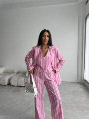 ÇİZGİLİ KETEN YELEK-PANTOLON TAKIM - Pembe