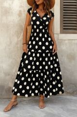 Kadın Kısa Kollu Kruvaze Yaka Beli Lastikli Süprem Maksi Boy Elbise