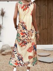 Kadın Askılı Yuvarlak Yaka Cepli Desenli Süprem Elbise